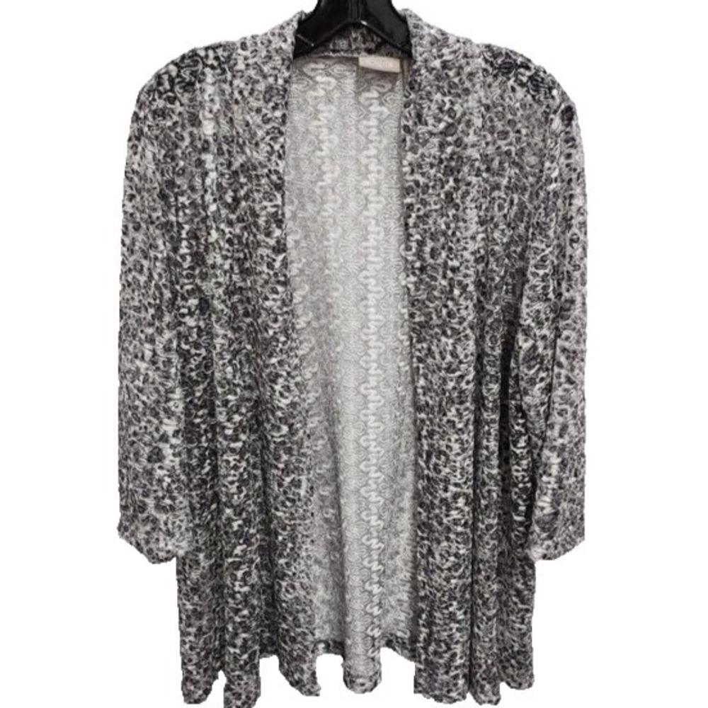 Chicos Womens Lace Cardigan Large Gray Silver Metallic Sheer Open Lightweight